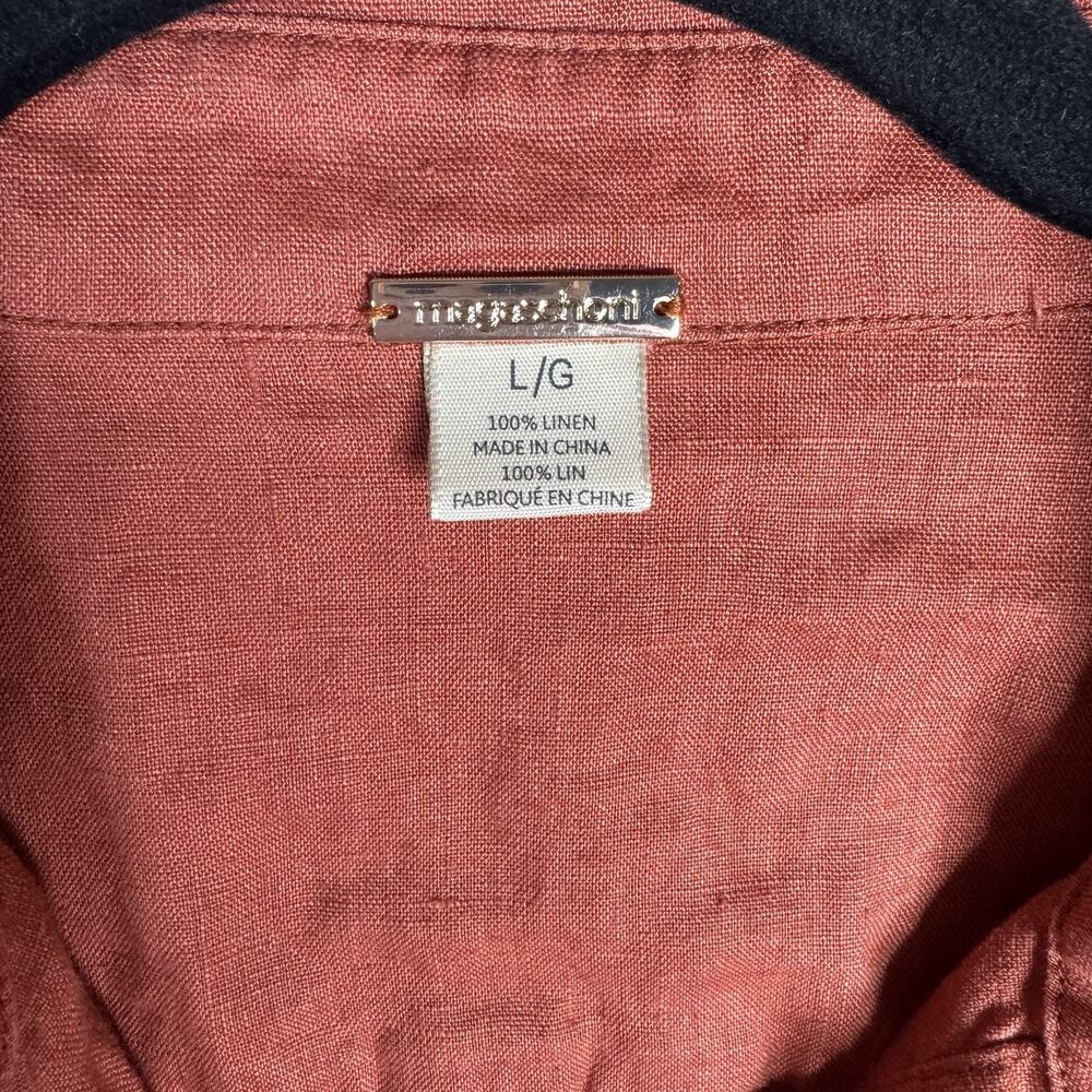 Magaschoni 100% Linen Shirt Dress Coral Roll Tab Sleeve Belted Size Large - Picture 13 of 13